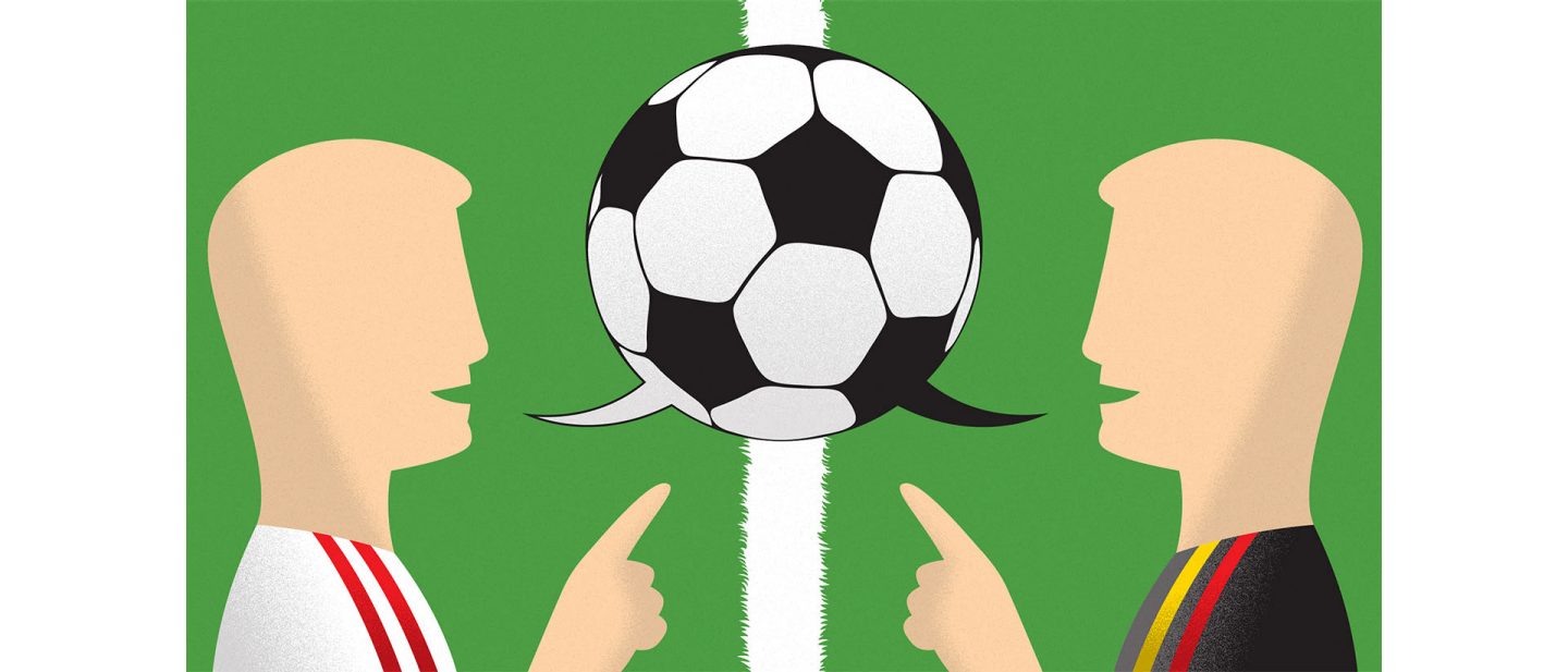 Illustration of two soccer players arguing with a raised finger. Between them is a speech bubble in the shape of a soccer ball.