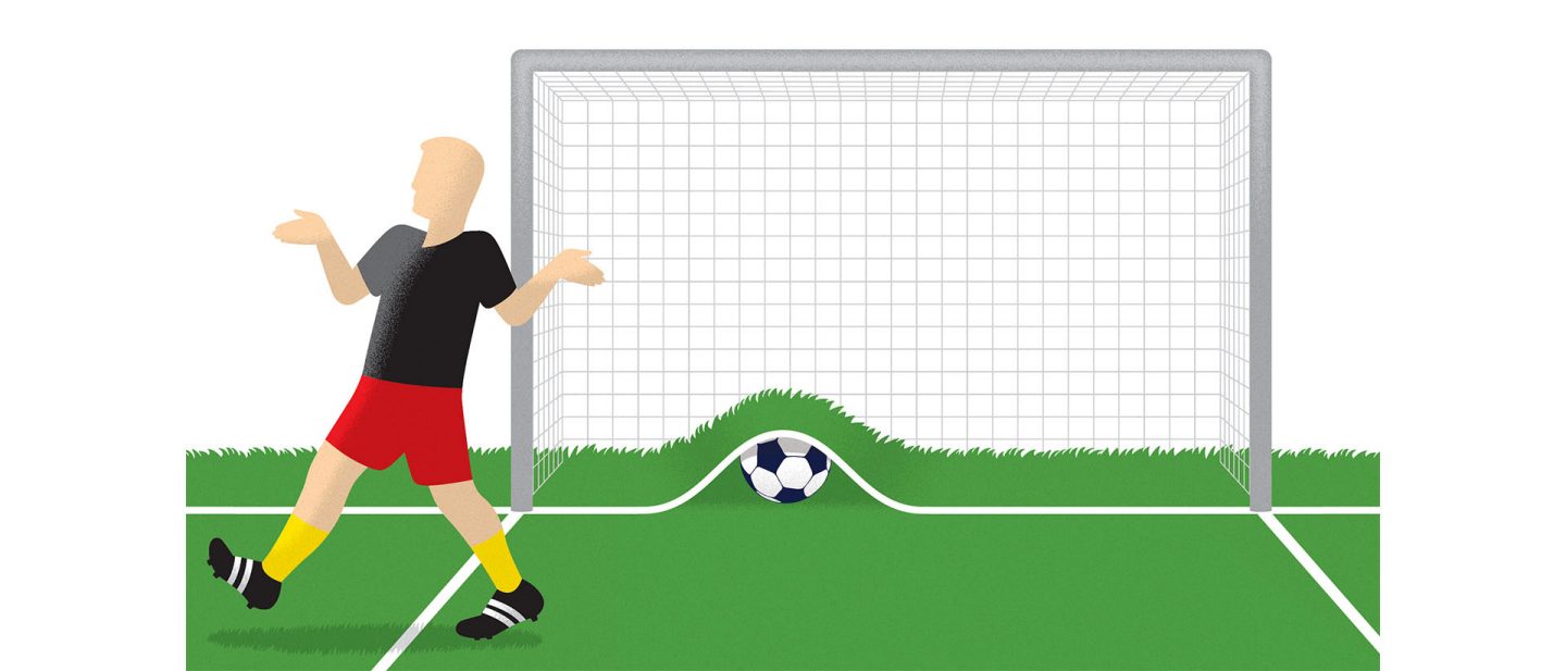 Illustration of a soccer player shrugging his shoulders as he walks away from a goal. The ball disappears under the goal line as if under a carpet.