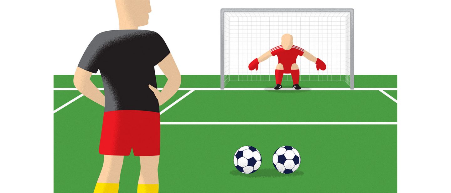 Illustration of a soccer player standing in front of two footballs. In the background, a goalkeeper guards his goal with outstretched arms.