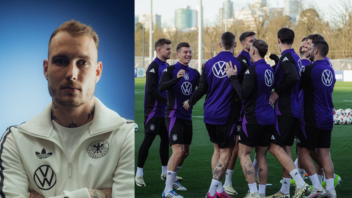 On the left a portrait of David Raum, on the right players of the Germany national soccer team during training.