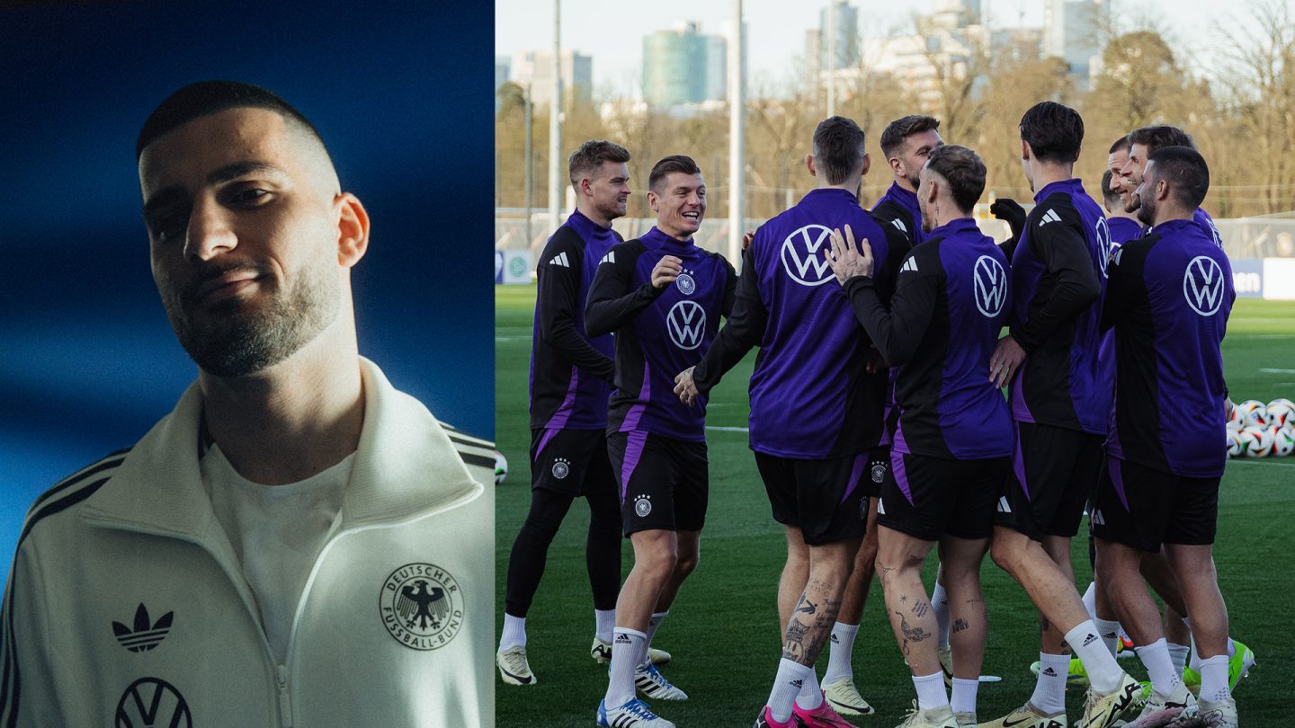 On the left a portrait of Deniz Undav, on the right players of the Germany national soccer team during training.