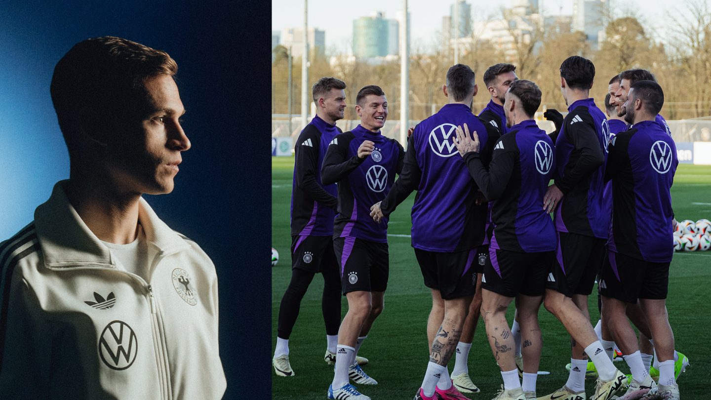 On the left a portrait of Joshua Kimmich, on the right players of the Germany national soccer team during training.