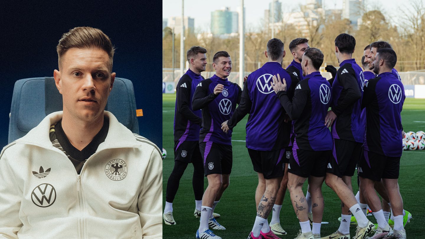 On the left a portrait of Marc-André ter Stegen, on the right players of the Germany national soccer team during training.