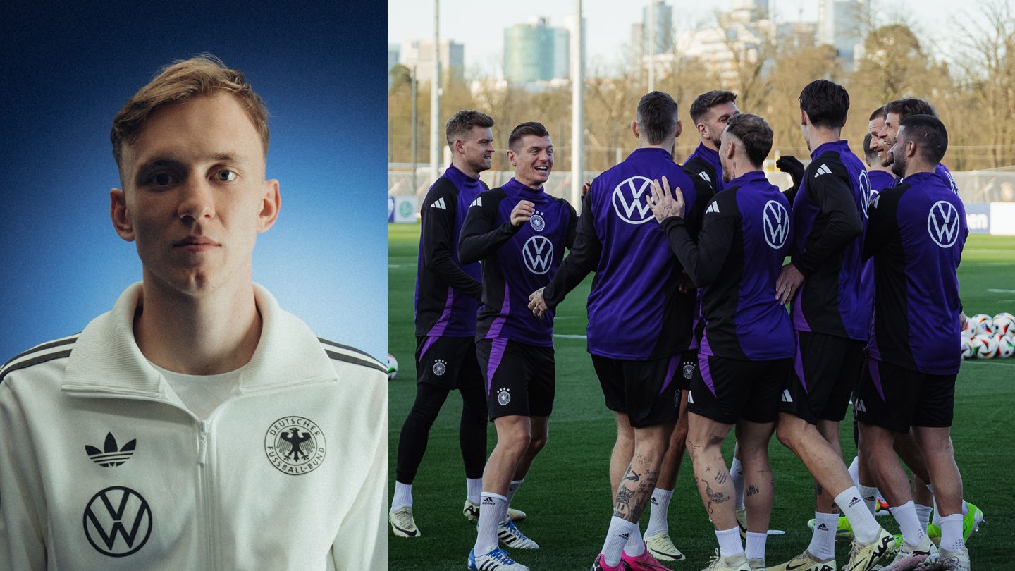 On the left a portrait of Maximilian Beier, on the right players of the Germany national soccer team during training.