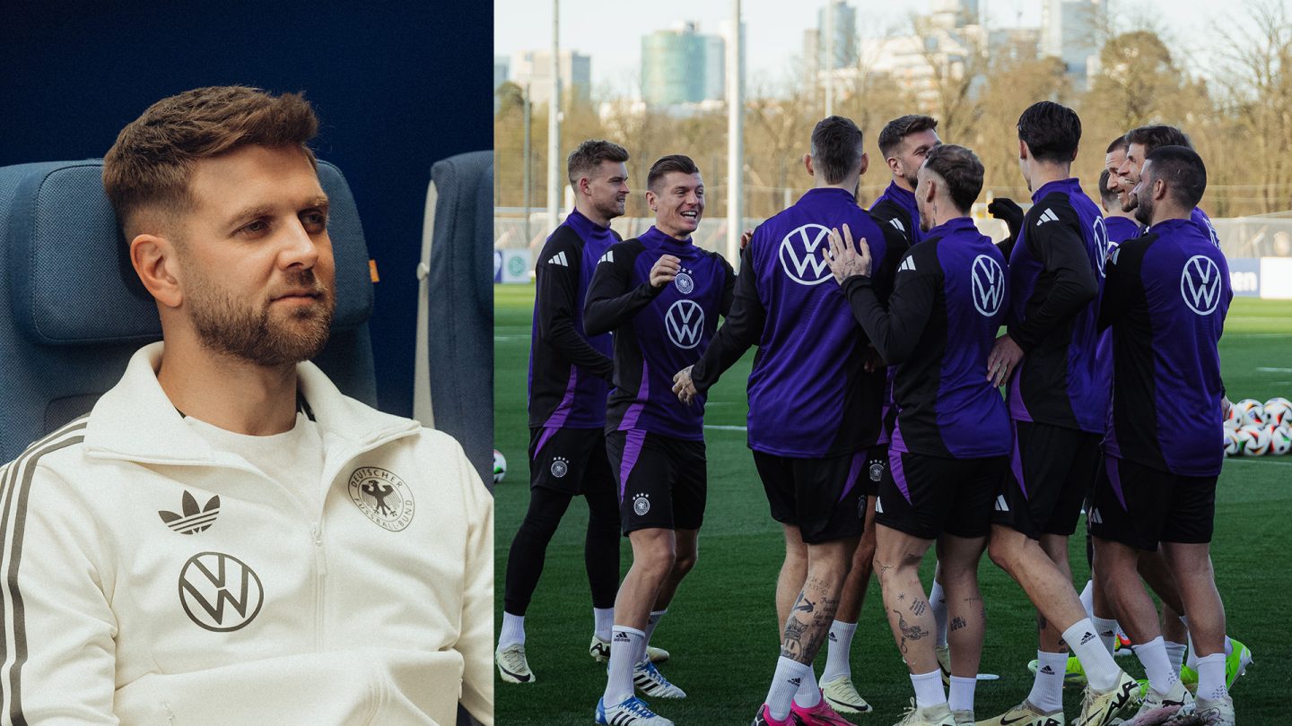 On the left a portrait of Niclas Füllkrug, on the right players of the Germany national soccer team during training.