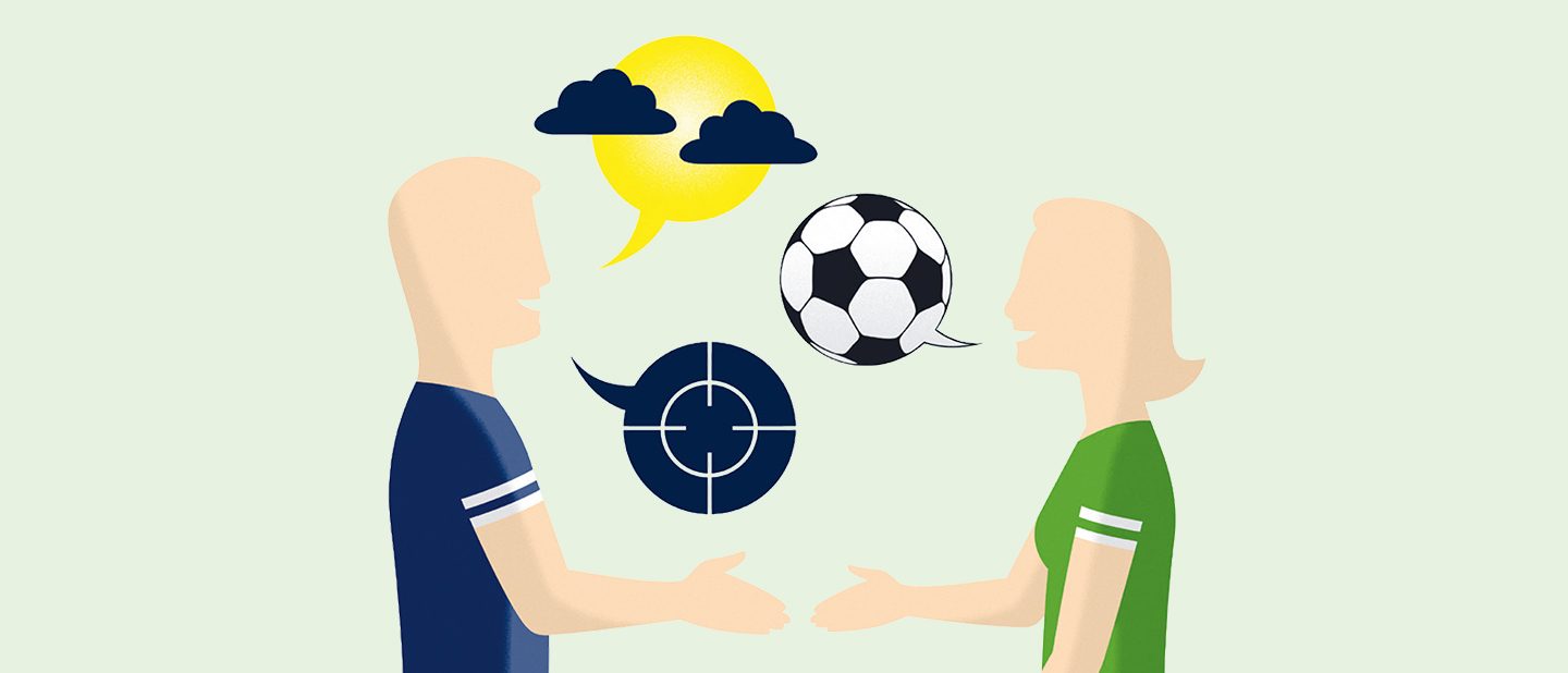 Illustration of a man and a woman talking to each other; the speech bubbles contain a soccer and a crosshair.