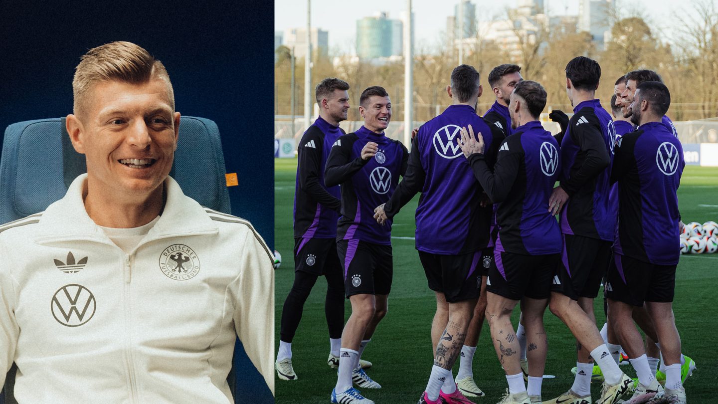 On the left a portrait of Toni Kroos, on the right players of the Germany national soccer team during training.