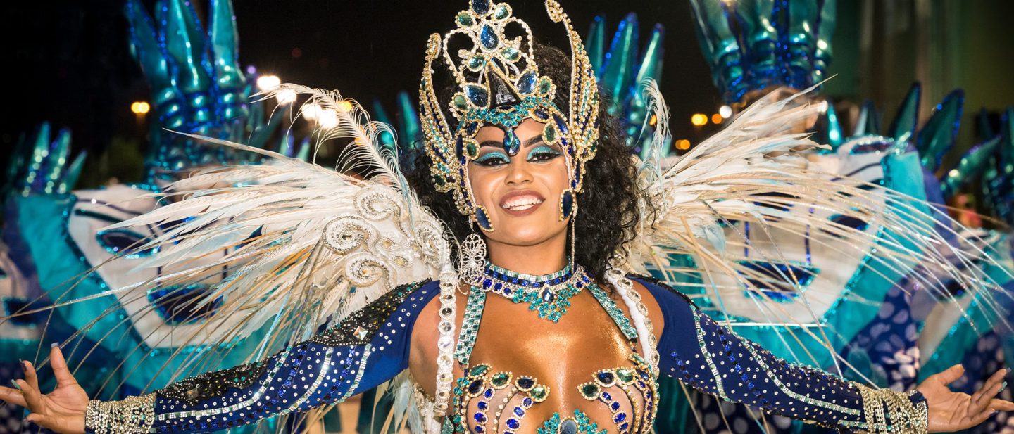 A samba dancer with an eye-catching costume.