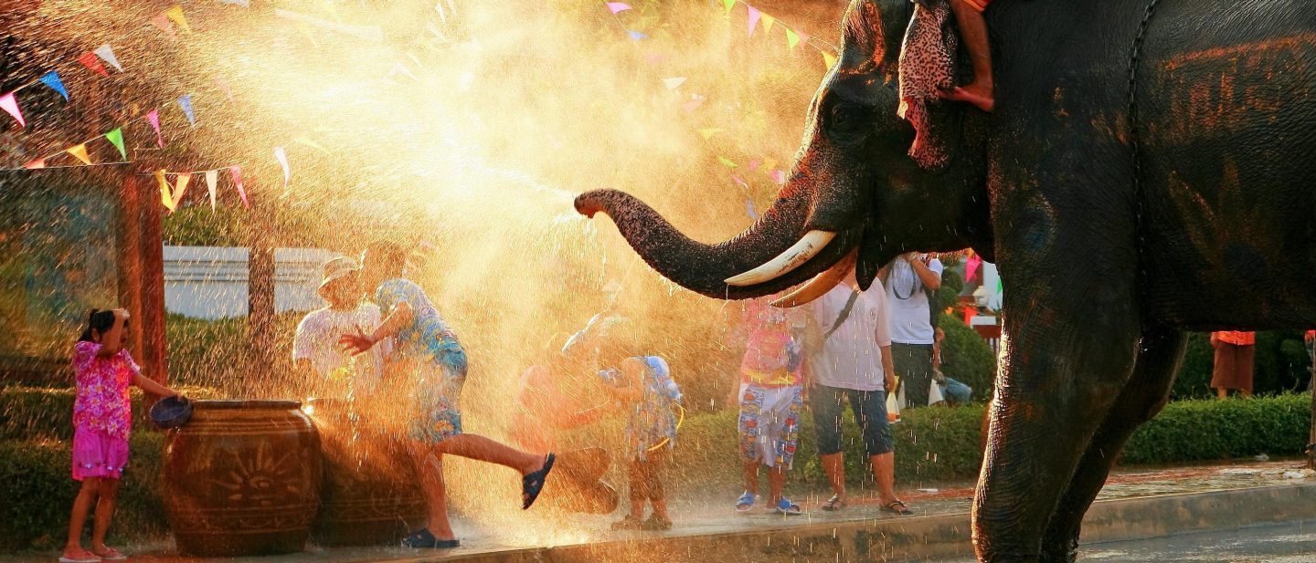 Thailand, Bangkok: Elefant spr&radic;&ordm;ht Wasser auf Menschen w&radic;&sect;hrend des Songkran Festivals // Thailand, Bangkok: Elephant sprays water on people during the Songkran Festival