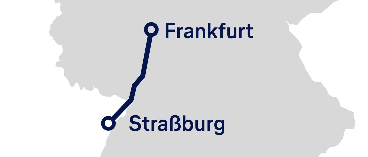 Vereinfachte Darstellung der Strecke zwischen Frankfurt und Straßburg auf einer Karte.