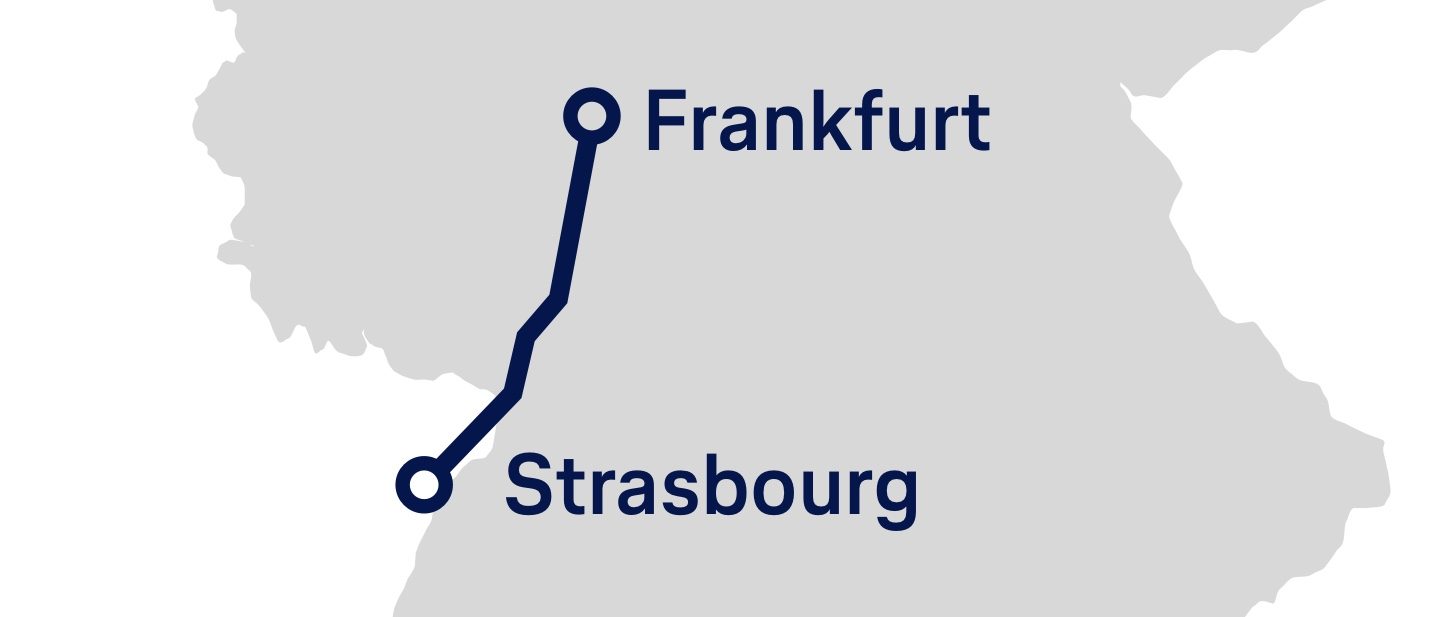 Simplified representation of the route between Frankfurt and Strasbourg on a map.