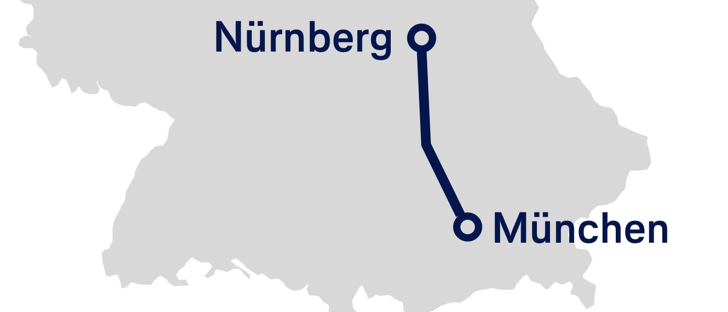 Vereinfachte Darstellung der Strecke zwischen Nürnberg und München auf einer Karte.