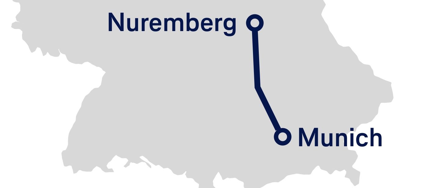 Simplified representation of the route between Nuremberg and Munich on a map.