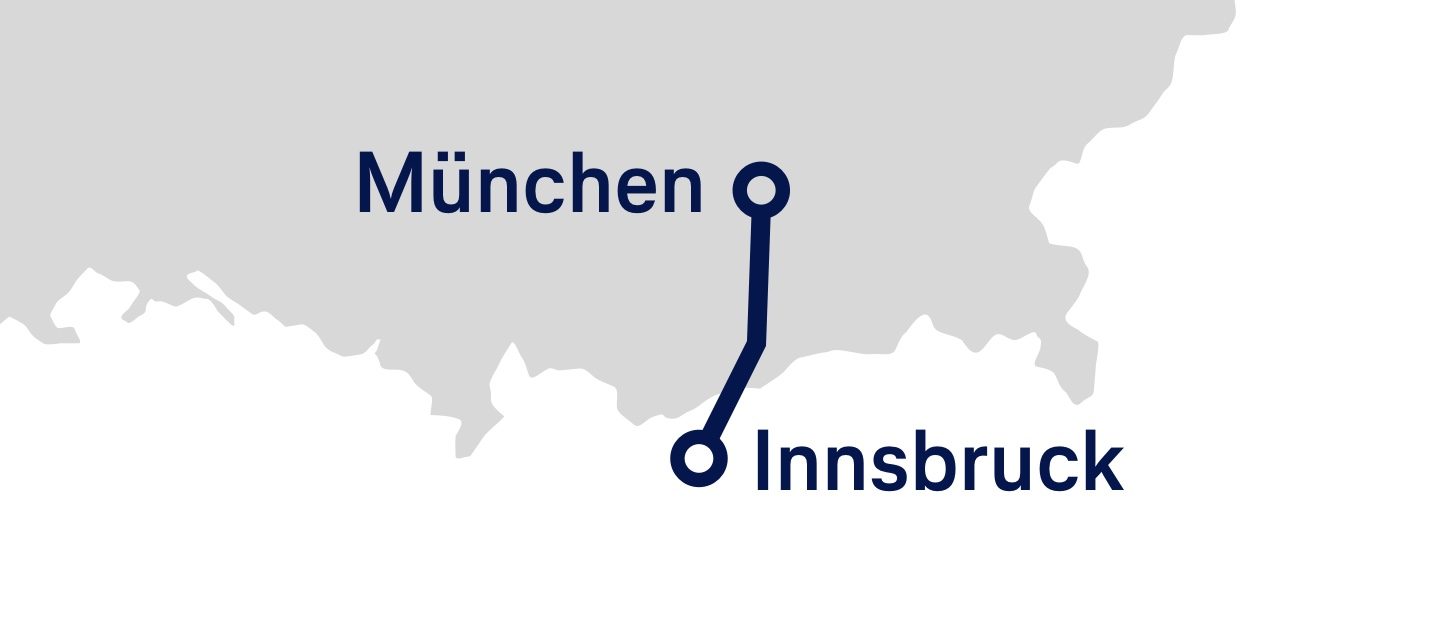 Vereinfachte Darstellung der Strecke zwischen München und Innsbruck auf einer Karte.